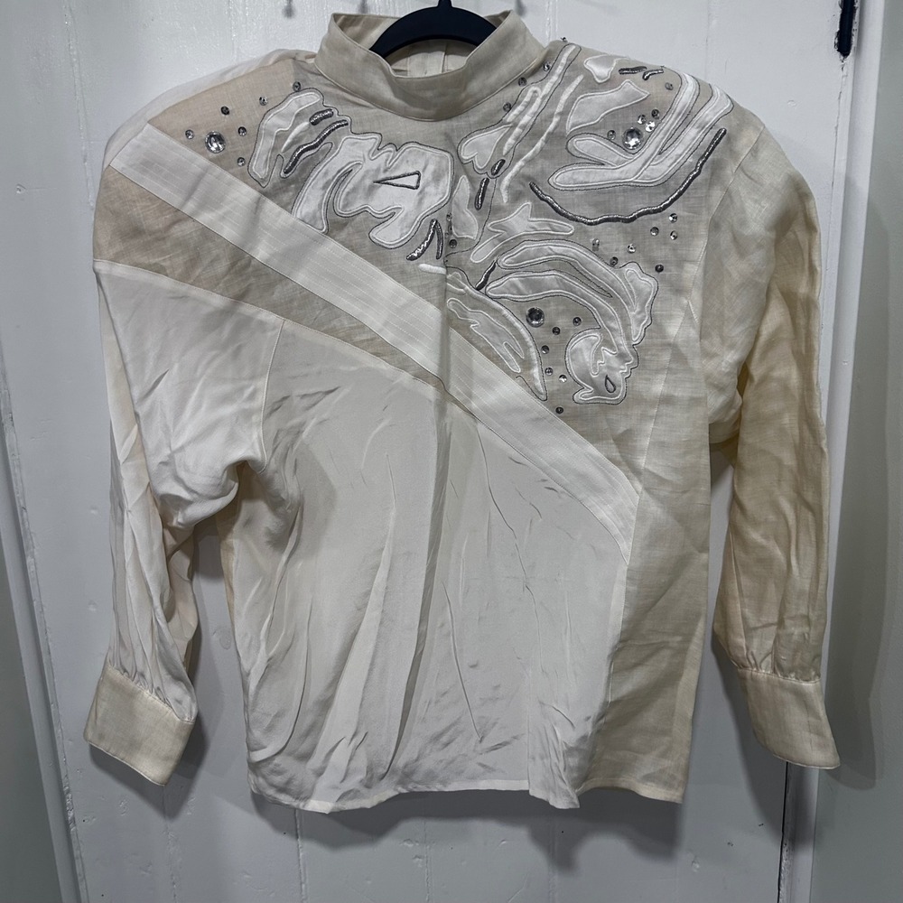 Vintage Suzelle Ranie Silk Blouse 8 Cream Embellished Shoulder Pads 80s mockneck